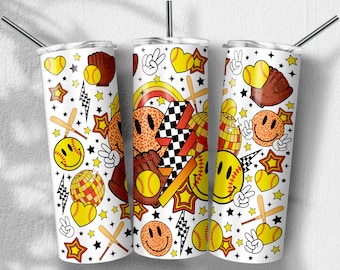Retro Softball Tumbler Png, smile face png, Game Day Sport png,  Sublimation Designs, Skinny Tumbler 20oz, PNG File Digital Download