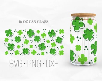 Lucky Clover Leaf Can Glass Wrap, St. Patrick's Day Libbey Glass, Shamrock 16oz Can Wrap, Svg, Png, DXF files for Cricut