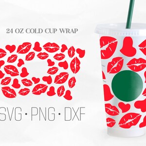 Kisses Full Wrap Svg, Heart SVG,  Lips Svg, Venti Cold Cup 24 Oz, Svg, Png, DXF files for Cricut