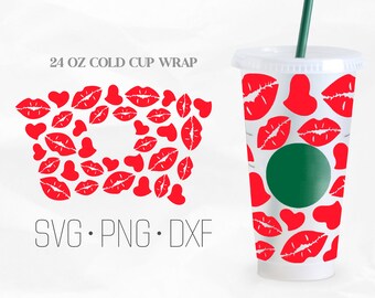 Küsse Full Wrap SVG, Herz SVG, Lippen SVG, Venti Cold Cup 24 Oz, SVG, Png, DXF-Dateien für Cricut