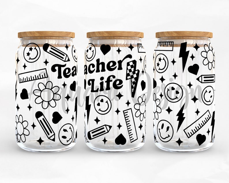 May include: Three glass jars with wooden lids, each decorated with a black and white pattern of stars, hearts, lightning bolts, pencils, rulers, smiley faces, and flowers. The middle jar has the text "Teacher Life" in black.