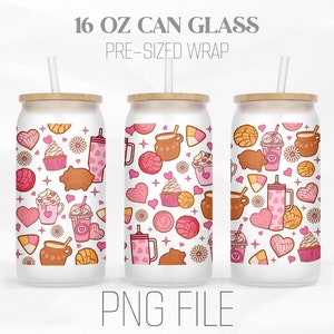 Cafecito Y Chisme Can Wrap Png, Mexican Concha Png, Pink Valentine png, 16oz Libbey Glass Can Tumbler Sublimation Design Digital Png File