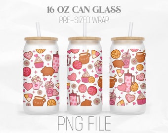 Cafecito Y Chisme Can Wrap Png, Mexican Concha Png, Pink Valentine png, 16oz Libbey Glass Can Tumbler Sublimation Design Digital Png File
