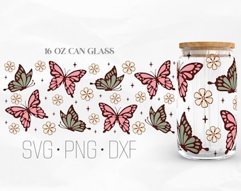 Schmetterling Blumen kann Glas wickeln, Schmetterling SVG, lesen svg, Blume Libbey Glas, 16 Unzen kann wickeln, SVG, Png, DXF-Dateien für Cricut