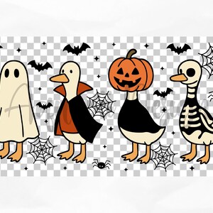 May include: A Halloween-themed illustration featuring four cartoon ducks in costumes. One is a ghost, another a vampire, a third a jack-o'-lantern, and the last a skeleton. Bats, spiderwebs, and spiders complete the spooky design.