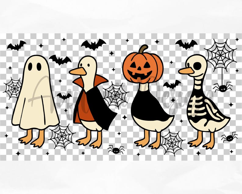 May include: A Halloween-themed illustration featuring four cartoon ducks in costumes. One is a ghost, another a vampire, a third a jack-o'-lantern, and the last a skeleton. Bats, spiderwebs, and spiders complete the spooky design.