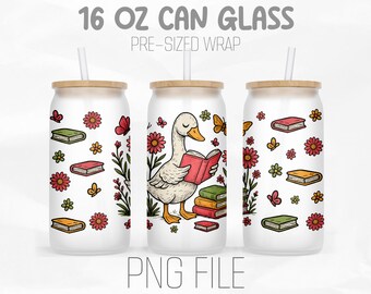 Bookish Goose Libbey 16oz Glass Can Wrap Png, Reading Goose Png, Literary Goose Png, Book Lovers Png, Sublimation Design