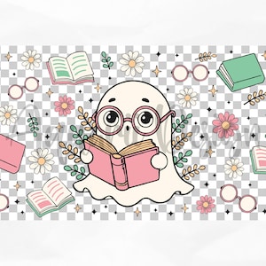 May include: A cute white ghost wearing glasses and reading a pink book. The ghost is surrounded by flowers, books, and glasses.