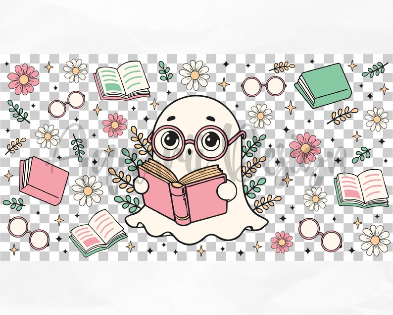 May include: A cute white ghost wearing glasses and reading a pink book. The ghost is surrounded by flowers, books, and glasses.