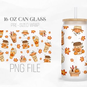 Fall Coffee Drink, Maple Leaves, 16oz Libbey Glass Can Tumbler Sublimation Design Digital Png File