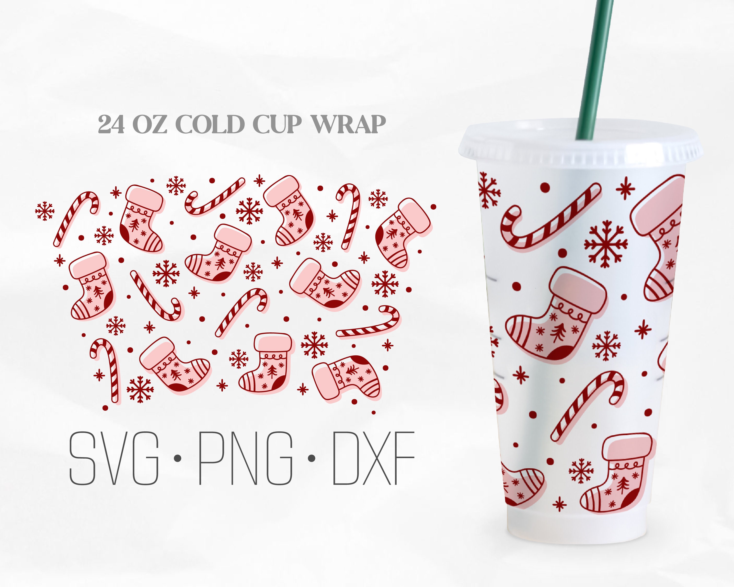 Candy Cane Full Wrap, Christmas Cold Cup 24 Oz, Svg, Png, DXF files for Cricut