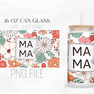 Retro Flower Mama Can Wrap Png, Floral 16oz Libbey Glass Can Tumbler Sublimation Design Digital Png File