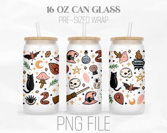 Witchy Halloween Can Wrap Png, Witch png, Boho halloween 16oz Libbey Glass Can Tumbler Sublimation Design Digital Png File
