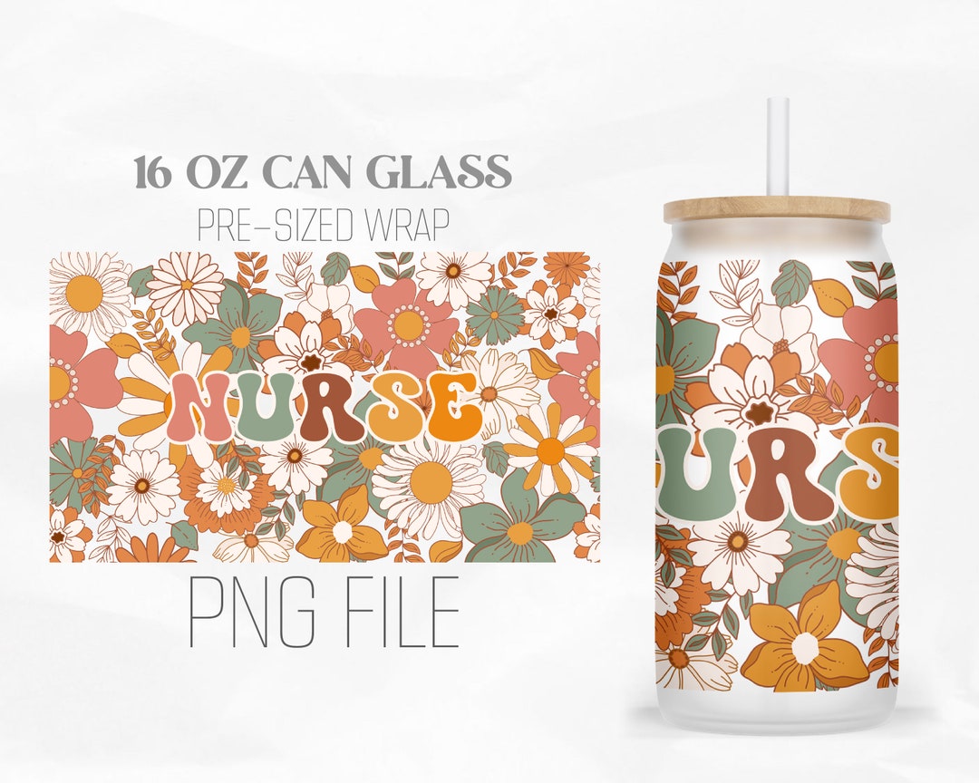 Nurse Flower Glass Can Wrap Png, Retro Floral 16oz Libbey Glass Can ...