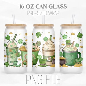 St. Patrick&#39;s Coffee Can Wrap Png, St. Coffee Drink Png, Shamrocks png, 16oz Libbey Glass Can Tumbler Sublimation Design Digital Png File