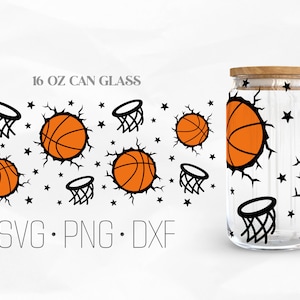 May include: A 16 oz can glass with a basketball theme. The glass has a white background with black basketballs, hoops, and stars. The text "16 OZ CAN GLASS" is at the top of the glass. The text "SVG. PNG. DXF" is at the bottom of the glass.