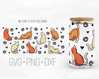 Cute cat Can Glass Wrap, 16oz Can Wrap, Svg, Png, DXF fichiers pour Cricut