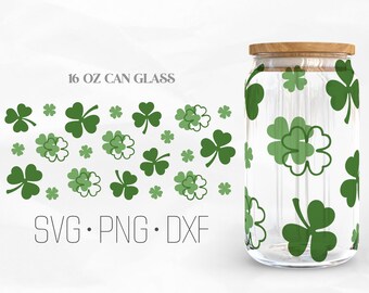 St. Patrick's Day Can Glass Wrap SVG, Lucky Shamrock Libbey glass svg, Clover Leaf Svg, 16oz Libbey Wrap Svg, Svg, Png, DXF files for Cricut