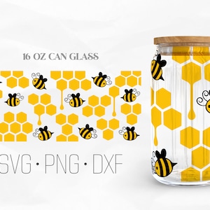 Honey Comb Can Glass Wrap Svg, bee Libbey Glass svg, 16oz Libbey Wrap Svg, Svg, Png, DXF files for Cricut