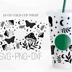 May include: A black and white design featuring mushrooms, butterflies, stars, and crescent moons. The design is for a 24 oz cold cup wrap. The text "SVG. PNG. DXF" is at the bottom of the design.