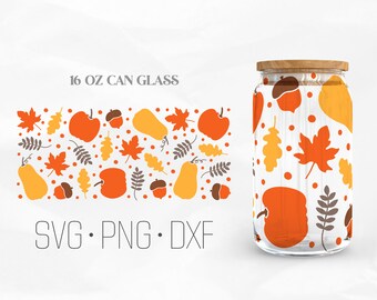 Autumn Leaves Can Glass Wrap, Fall Libbey Glass, Pumpkin 16oz Can Wrap, Svg, Png, DXF files for Cricut
