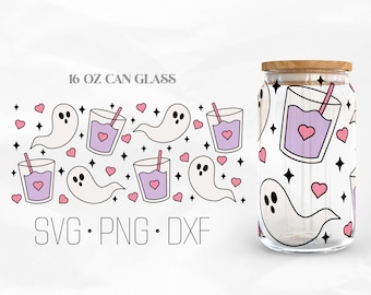 Funny Ghost Can Glass Wrap Svg, Halloween Coffee SVG, Spooky Ghost Libbey Glass, 16oz Can Wrap, Svg, Png, DXF files for Cricut