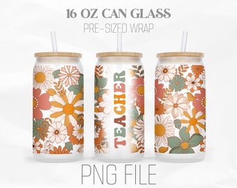 May include: A digital download of a 16 oz can glass wrap design featuring a retro floral pattern in shades of orange, yellow, green, and pink with the word "TEACHER" in rainbow colors. PNG file.