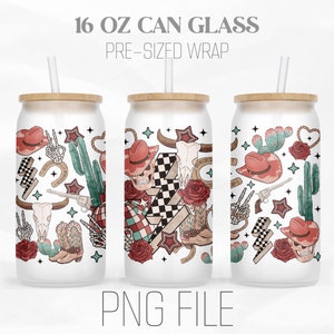 Retro western Can Wrap Png, Western png, Trendy 16oz Libbey Glass Can Tumbler Sublimation Design Digital Png File