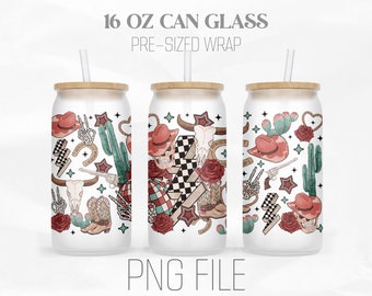 Retro western Can Wrap Png, Western png, Trendy 16oz Libbey Glass Can Tumbler Sublimation Design Digital Png File