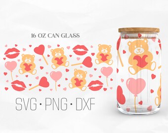May include: A 16 oz can glass with a Valentine's Day theme. The glass features a pattern of red hearts, lips, teddy bears holding hearts, and pink balloons. The text "SVG. PNG. DXF" is at the bottom of the image.