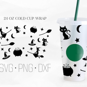 May include: A clear 24 oz cold cup wrap with a Halloween theme. The design features black witch hats, cats, stars, moons, cauldrons, and witches on brooms. The cup has a green straw and a green circle logo.