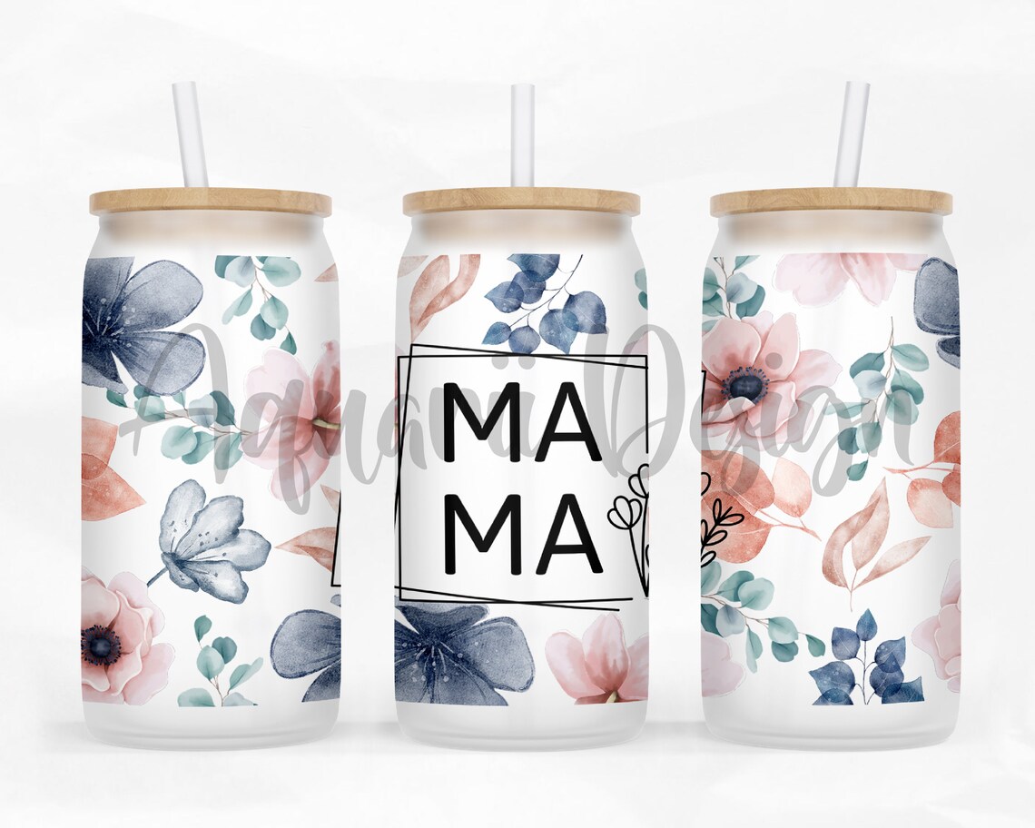 Mama Floral Can Wrap Png, Navy Flower 16oz Libbey Glass Can Tumbler ...