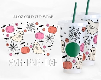 Spooky Season Full Wrap SVG, Pumpkin Ghost Svg, Halloween svg, Creepy ghost Venti Cold Cup 24 Oz, Svg, Png, DXF files for Cricut