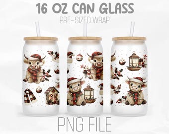 Highland Kuh Libbey 16 Unze Glasdosenverpackung Png, Urlaub auf dem Bauernhof, niedliche Kuh, Retro-Weihnachten, Sublimationsdesign Digitale Png-Datei