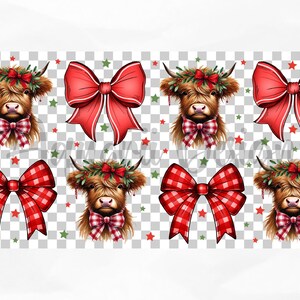 May include: A seamless pattern featuring red and white plaid bows, red bows with white trim, and illustrations of Highland cows wearing red and white plaid bows and wreaths of greenery with red bows.