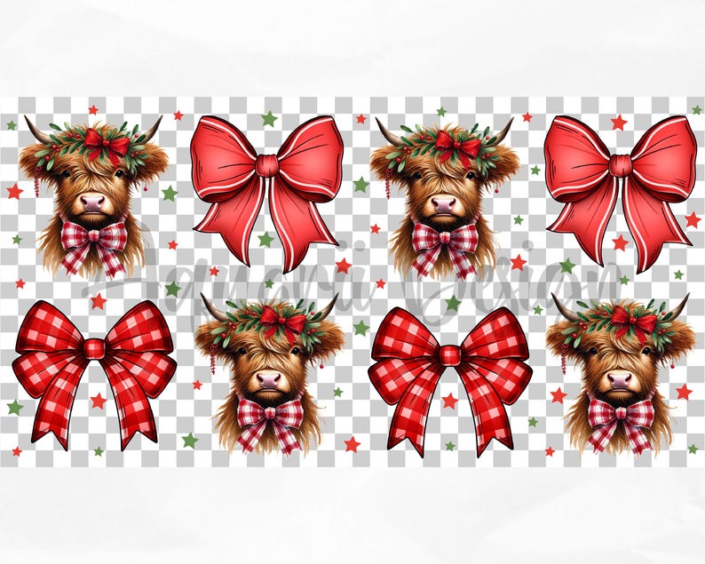 May include: A seamless pattern featuring red and white plaid bows, red bows with white trim, and illustrations of Highland cows wearing red and white plaid bows and wreaths of greenery with red bows.