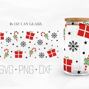 Christmas Can Glass Wrap SVG, Candy cane Can glass svg, 16oz Libbey Wrap Svg, Svg, Png, DXF files for Cricut