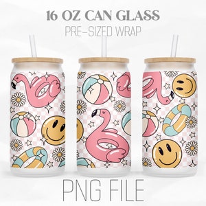 May include: Three 16 oz can glasses with a pre-sized wrap featuring a pink flamingo, smiley face, beach ball, and life preserver pattern on a white background with pink and white checkered pattern.