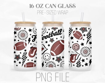 Game Day Can Wrap Png, Retro Football 16oz Libbey Glass Can Tumbler Sublimation Design Digital Png File