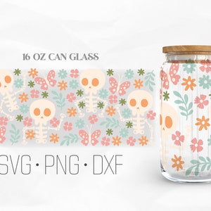 Skeleton Halloween Can Glass Wrap Svg, Retro Flower svg, Spooky Autumn Libbey Glass, 16oz Can Wrap, Svg, Png, DXF files for Cricut