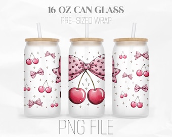Cherry Coquette Bow Wrap Png, Fiocco rosa Png, Cherry Png, San Valentino 16oz Libbey Glass Can Tumbler Sublimazione Design Digitale Png File