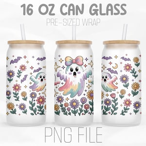 Pastel Ghost Libbey 16oz Glass Can Wrap Png, Cute Halloween Png, Rainbow Floral Ghosts Png, Wildflower PNG, Sublimation Design