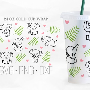 May include: A 24 oz cold cup wrap featuring a repeating pattern of cute cartoon elephants, pink hearts, and green leaves. The text "SVG. PNG. DXF" is at the bottom of the design.