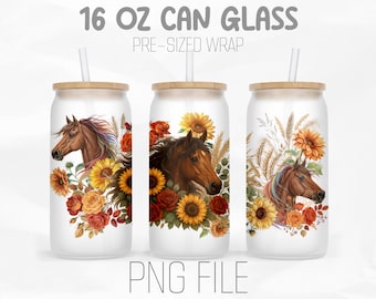 Boho Horse Libbey 16oz glas kan inpakken png, westerse bloemen png, herfstzonnebloem rustieke roos png, cowgirl png, sublimatieontwerp
