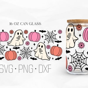 Spooky Season Can Glass Wrap Svg, Pumpkin Ghost svg, Halloween svg, Creepy ghost Libbey Glass, 16oz Can Wrap, Svg, Png, DXF files for Cricut