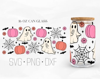 Spooky Season Can Glass Wrap Svg, Pumpkin Ghost svg, Halloween svg, Creepy ghost Libbey Glass, 16oz Can Wrap, Svg, Png, DXF files for Cricut