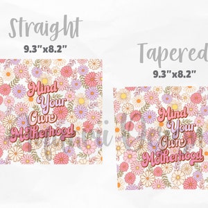 May include: A white background with a floral pattern in pink, purple, and yellow. The text "Mind Your Own Motherhood" is written in pink and orange letters with a retro font.