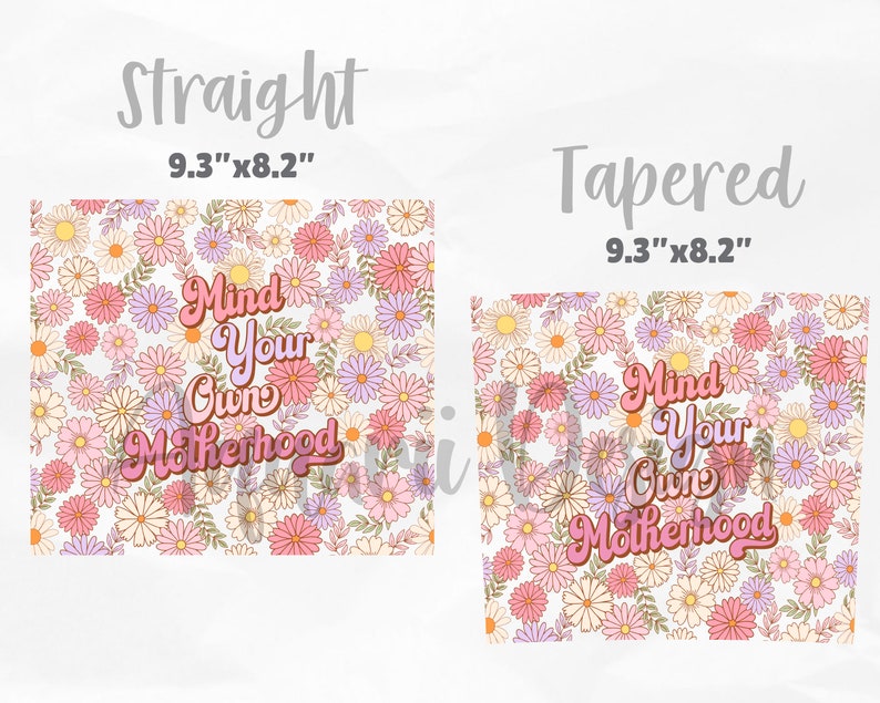 May include: A white background with a floral pattern in pink, purple, and yellow. The text "Mind Your Own Motherhood" is written in pink and orange letters with a retro font.