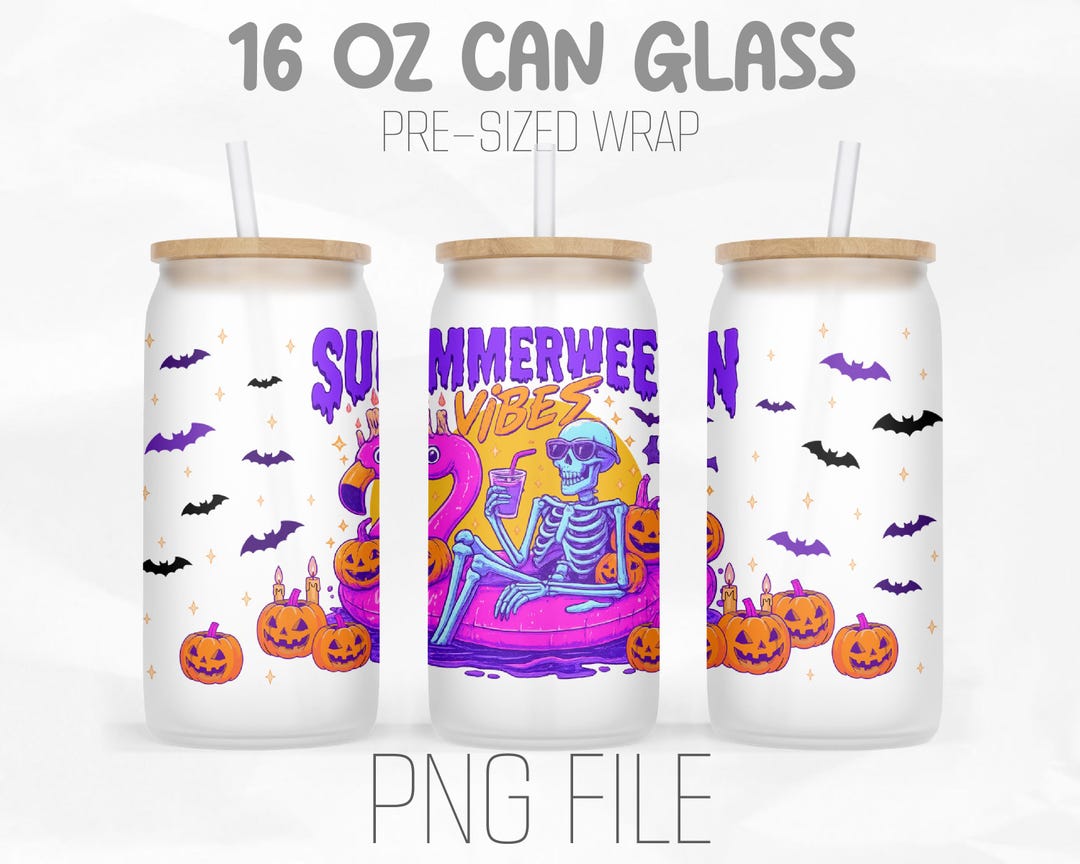 Summerween Vibes Libbey 16oz Glass Can Wrap Png, Neon Skeleton Png ...