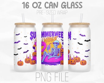 Summerween Vibes Libbey 16oz Glass Can Wrap Png, Neon Skeleton Png, Halloween Flamingo Float Png, Summer Png, Sublimation Design